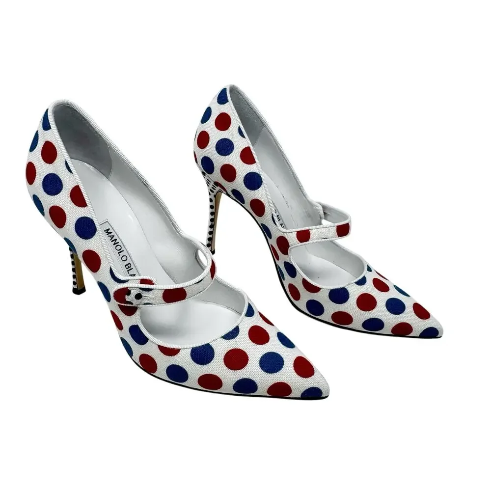 Manolo Blahnik Campari Polka Dot Linen Mary Jane Pumps 36 US 6 Heels Box 105mm